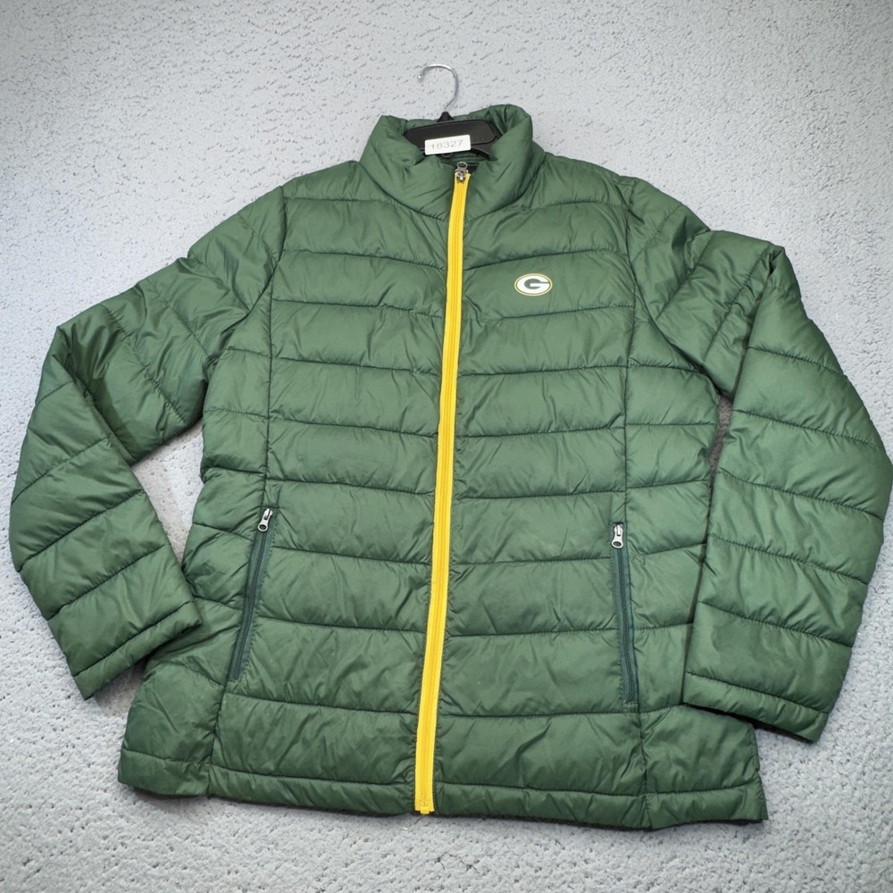 Green Bay Packers Puffer Jacket Women Large Green NFL Football Full Zip Packable